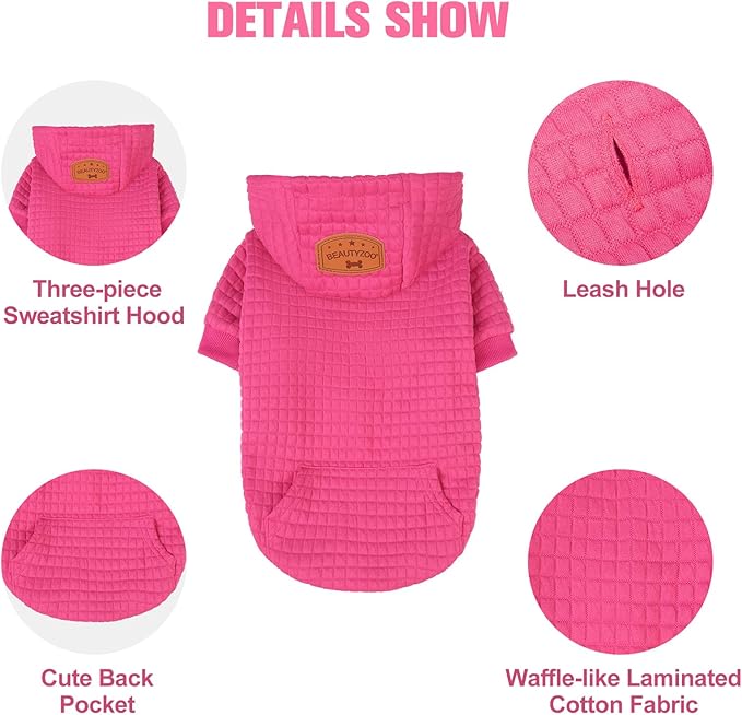 BEAUTYZOO Medium Dog Hoodie Sweater with Pockets, Dog Clothes for Small Medium Dogs Boy Girl, Waffle-Like Laminated Cotton Pet Coats with Hat and Leash Hole, Rose Pink XL