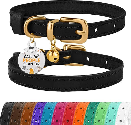 BRONZEDOG Leather Cat Collar with Removable Bells Non Breakaway Kitten QR Tag for Girl Boy (9" - 12" Cats/Mini Dogs, Black & Gold)