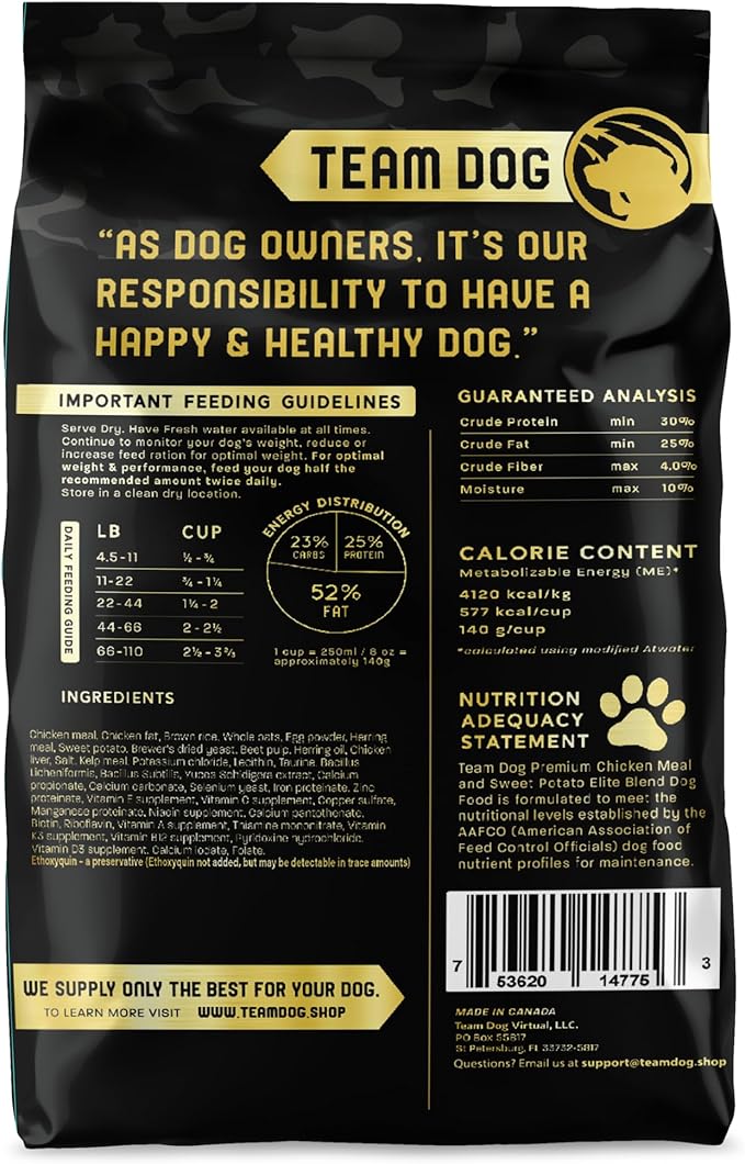 TEAM DOG Elite Blend High Protein Dog Food | Chicken Meal & Sweet Potato | For High Energy, High Performance Dogs | Easy to Digest | Gluten Free, GMO Free, No Corn, Wheat or Soy | (33 lb Dry Dog Food)