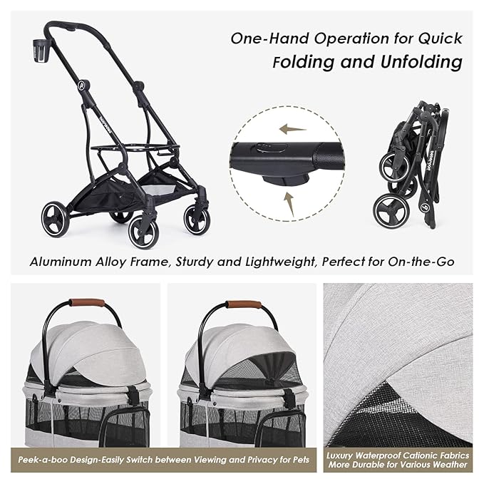T3 3 in 1 Small Pet Stroller for Dogs & Cats, 4 Wheels for Dogs with Detachable Carrier with Pad, Canopy and Cup Holder, Grey