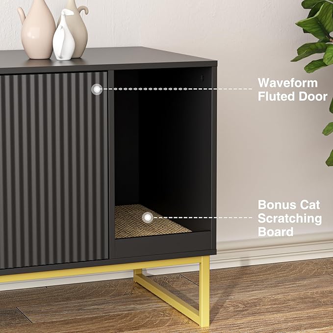 Cat Litter Box Enclosure, Fluted Hidden Litter Box Furniture with Scratch Pad and Metal Legs, Modern Enclosed Cat Cabinet, 31.5 x 17.7 x 21.7 Inches Indoor Pet House for Living Room, Washroom, Black