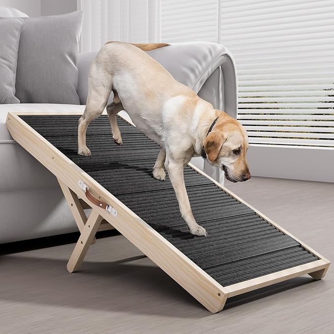 Tresbro Dog Ramp for Bed, 4 Level Adjustable 14.56'' to 24'' Dog Ramps with Anti-Slip Carpet & Carrying Handle, Portable Dog Ramp Supports up to 120LBS for Small Medium Large Dogs to Get on Bed, Couch