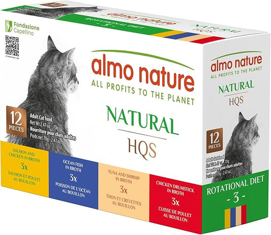 Almo Nature Wet Cat Food HQS Natural Rotational Diet Fish Selection & Chicken Drumstick - Variety Pack, Grain Free, Additive Free, Highly Digestible, Preservative Free 2.47-oz, 12 pack