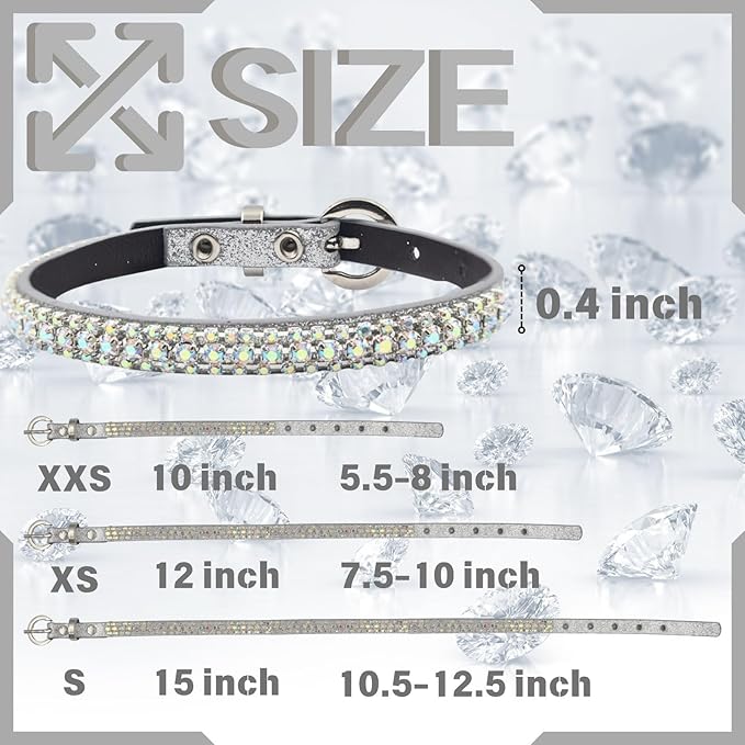 PEARLY JUN Rhinestone Dog Collars for Small Dogs Cat, XXS Silver AB Bling Diamond Cat Collar Cute Luxury Crystal Pet Puppy