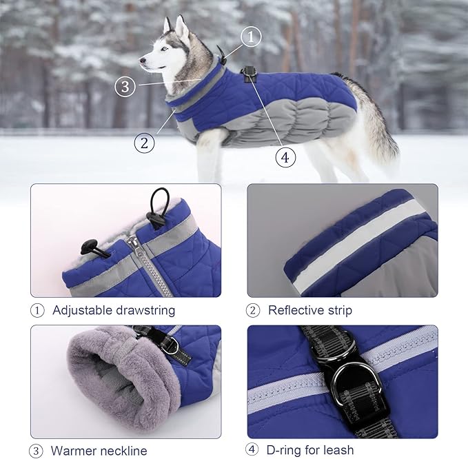 Lelepet Dog Coat Warm Dog Winter Coat Waterproof Dogs Jacket with Harness Built in Reflective Pet Fleece Vest Zip-Up Cold Weather Coats for Large Dogs Turtleneck & Windproof Coats Pitbull Blue 2XL