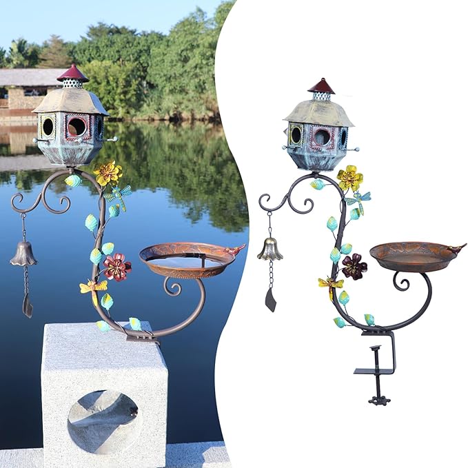 Deck Bird Bath, Metal Bird Bath and Bird Houses, Decorative Deck Mounted Bird Baths, Detachable and Adjustable Sturdy Deck Bird Bath for Outdoor Porch Yard Garden Decoration