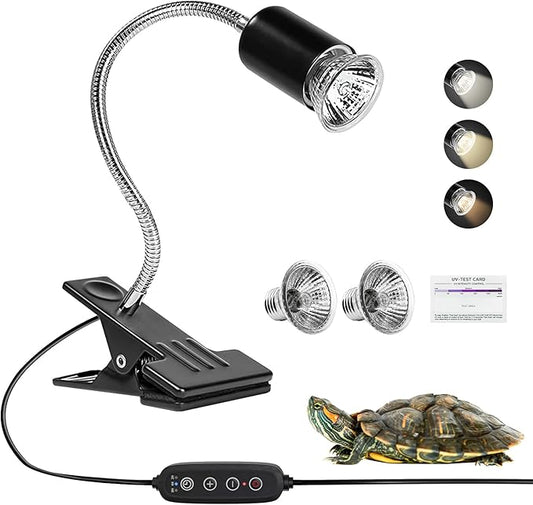 Reptile Heat Lamp with UVA/UVB - 25W & 50W Bulb Kit, 3-Speed Cycle Timer & Adjustable Stand for Turtles/Tortoises/Lizards