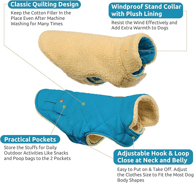 Queenmore Dog Winter Coat Warm Puffer Jacket Waterproof Plush Lining Thermal Cold Weather Vest for Small Medium Large Dogs, Windproof Easy On Pet Jacket Blue M