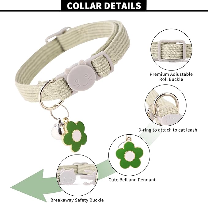 2 Pack Cat Collar with Bells, Corduroy Adjustable Kitten Collars with Breakaway Safety Buckle for Boy Girl Cats-Green Pink
