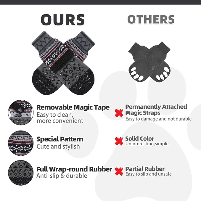 KOOLTAIL Dog Socks to Prevent Licking Paws for Hardwood Floors Anti Slip, Winter Warm Pet Boots&Paw Protector with Grippers, Double Sides Dog Shoes Booties for Small Medium Large Senior Dogs Grey XL