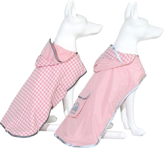 MAMORE Dog Raincoat Reversible,Waterproof Dog Rain Coat Hooded Slicker Poncho with Reflective Strip, Plaid Double Layer Rain Jacket for Small Medium Large Dogs (Pink, X-Large)