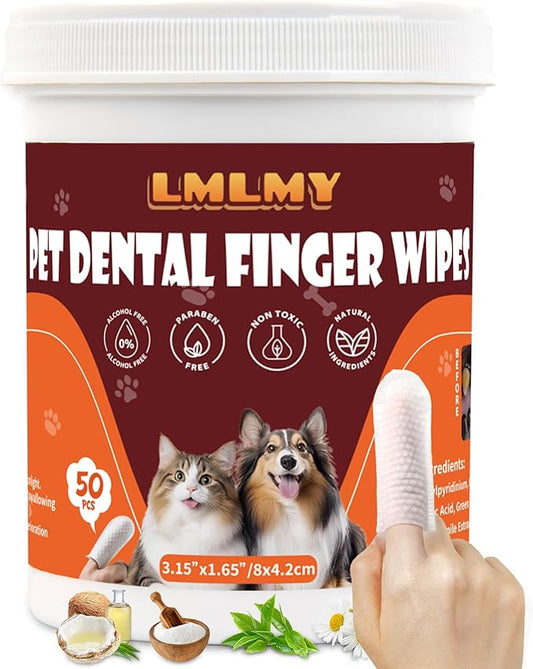 Dog Dental Wipes - Dental Finger Wipes for Cats & Dogs - Dog Toothbrush Finger Dental Wipes to Remove Plaque & Tartar,Effective Teeth Cleaner (50PCS)