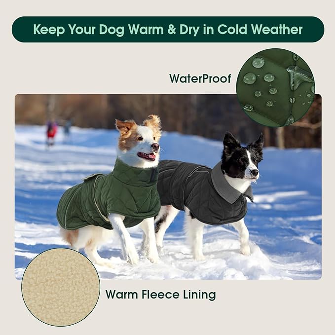 Kuoser Dog Coat, Extra Warm Dog Jacket Quilted Windproof Pet Cold Weather Coats for Small Dogs, Fleece Lining Turtleneck Puppy Snowsuit Reflective Adjustable Winter Clothes, Green S