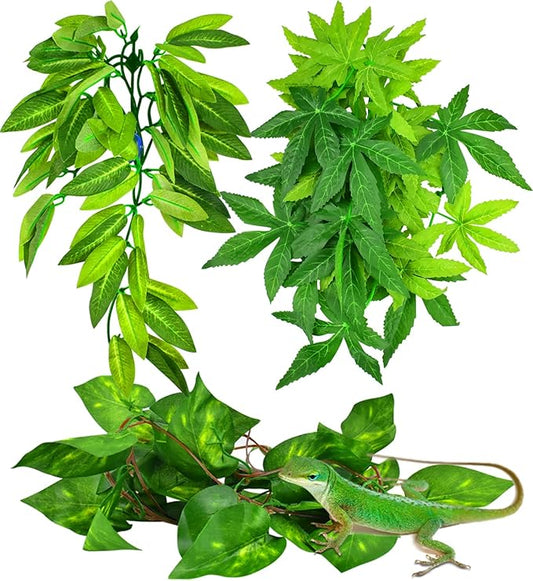 KATUMO Reptile Plants, 3PCS Amphibian Hanging Plants with Suction Cup for Lizards, Geckos, Bearded Dragons, Snake, Hermit Crab Tank Pets Habitat Decorations