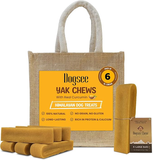Dogsee Himalayan Yak Chews with Turmeric/Curcumin (XL - 6 Bars, 2lb) | Natural & Long-Lasting | Yak Chews for Large Dogs | Anti-Inflammatory | Supports Oral Hygiene | Rawhide-Free Treats