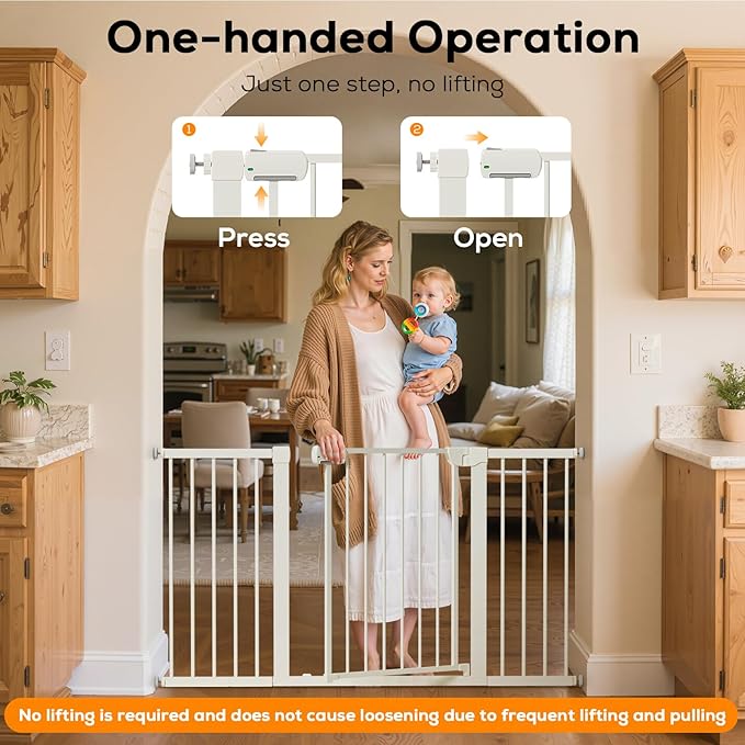 29.5-54.2" Baby Gate for Stairs, Pressure Mounted Dog Gate Indoor, Auto Close Pet Gate for Doorways No Drilling, Easy Install Baby Essentials with Large Walk Thru Door, White