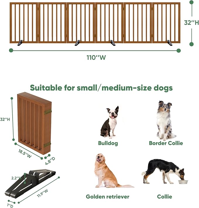 Dog Gates for Doorways, Tall Dog Gate Indoor, Foldable Pet Gates for Doorways Bedroom, Freestanding Puppy Gate with Metal Support Feet, Room Divider,6 Panels (Walnut)