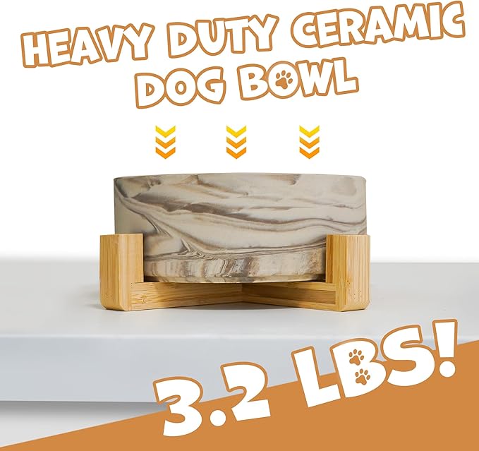 YOBRO Large Dog Bowl with Stand, 8" Non-Slip Ceramic Food or Water Bowl for Large Breed Dogs, Wide Open for Multiple Dogs, Modern Marble Design, Brown