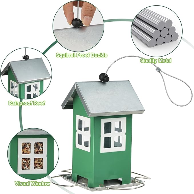 Small Metal Bird Feeders for Outdoors, Cute House Shape Bird Feeder with Window Design, Garden Terrace Hanging Birdfeeder for Finch Sparrow Warblers Little Birds - Premium Green