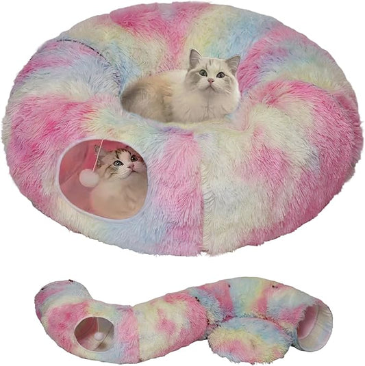 Cat Tunnel Bed for Indoor Cats with Washable Cushion Cat Cave Donut Tunnel with Fluffy Ball Big Round Tube Pet Playground Toys Soft Plush Peekaboo for Kitten, Cat, Puppy, Rabbit, Ferret (Colorful)