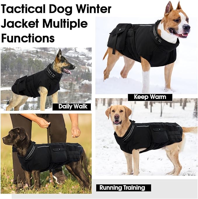Dora Bridal Dog Winter Coat with Harness Built in, Medium Dogs Warm Windproof Reflective Dogs Jacket, Pet Vest with Molle Panels and 3 Pouches for Male Dog
