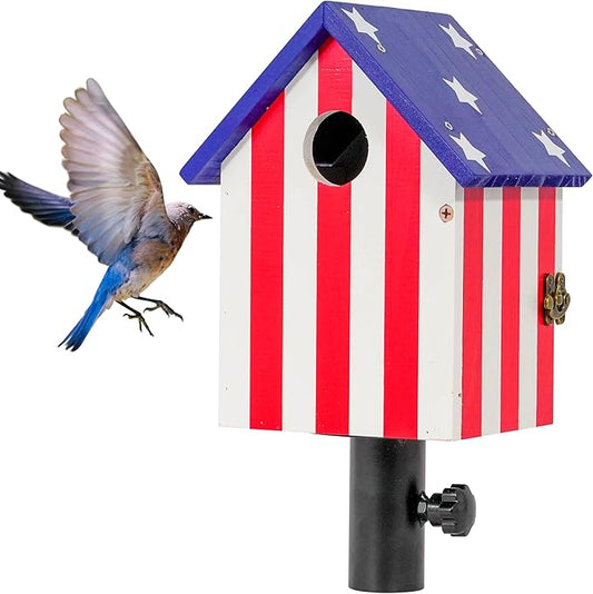 Flag Style Large Bird House for Outside with Metal Tube, Thicken Wooden Hanging Birdhouse with Clear View Panel Clear View Panel Predator Guard Nesting Box for Swallow Wren Chickadee Finch Bluebird
