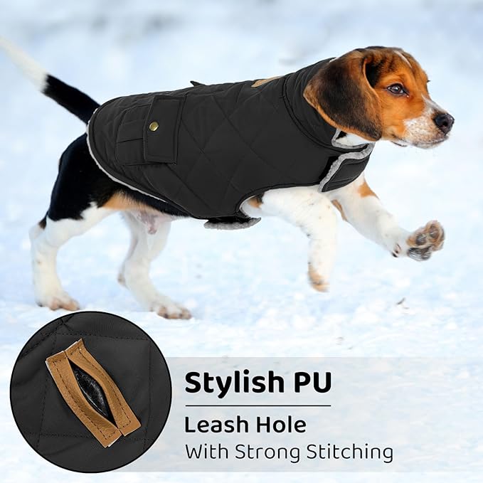 Queenmore Dog Winter Coat Warm Puffer Jacket Waterproof Plush Lining Thermal Cold Weather Vest for Small Medium Large Dogs, Windproof Easy On Pet Jacket Black S