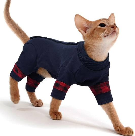 PUMYPOREITY Comfy Cat Pajamas, Versatile Cat Shirt for All-Day Wear, Soft Stretchy Sweater with Back Snap for Easy Wear, Breathable Recovery Suit for Surgery Recovery, XL, Blue