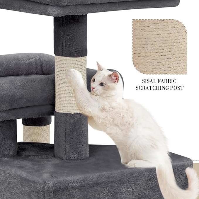 Athena Collection Cat Tree Tower, 58 Inch Tall Modern Cat Tree Claimbing Tower with Scratching Post 2 Condo 3 Hammocks Multi-Level Platform and Playing Ball for Indoor Large Adult, Dark Grey