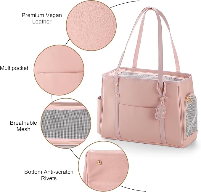 Fashion Dog Carrier Purse, Premium Leather Cat Carrier Bag, Airline Approved Soft Sided Pet Travel Tote Bag with Pockets Pink