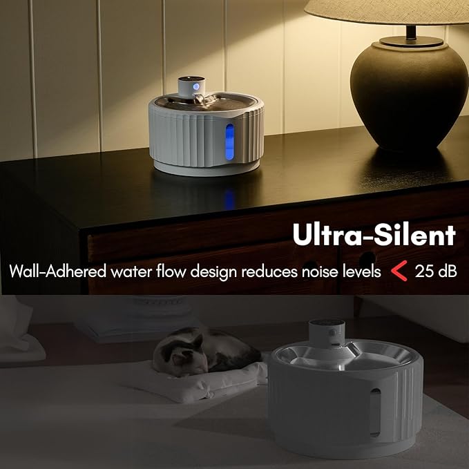 Leafur Cat Water Fountain, Battery Operated - Motion Sensor Pet Fountain 2.8L/95oz, Automatic Water Dispenser with Quiet Pump & Stainless Steel Tray (White Cordless)