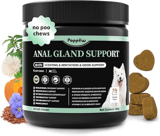 Anal Gland Support Chews for Dogs - with Pumpkin, Digestive Enzymes & Probiotics for Dog Gut Health - Scoot Treatment, Constipation, Deters Stool Eating, Odor Control - Chicken Flavor-60 Count