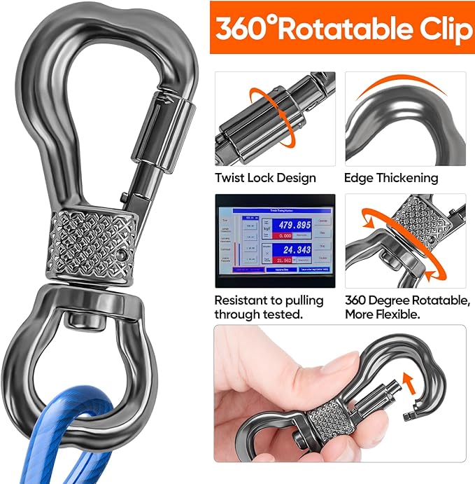 Tresbro 15FT Reflective Tie Out Cable for Dogs Up to 250 Pounds, Steel Wire Lead Leash Cable with Stainless Rotatable Clip, Lightweight and Enduring, Dog Lead Chains for Outside,Yard,Camping, Blue