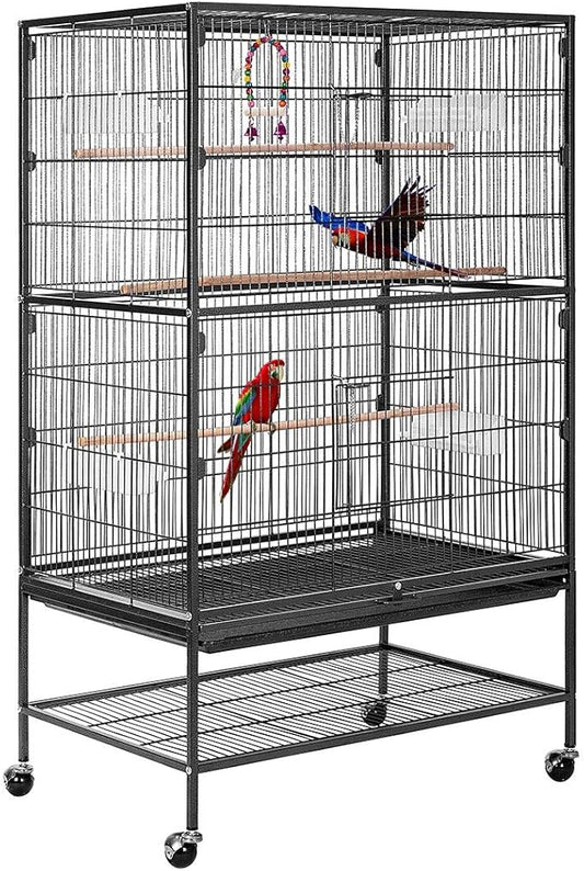 VIVOHOME 53 Inch Wrought Iron Large Bird Cage with Rolling Stand for Parrots Conures Lovebird Cockatiel Parakeets Black