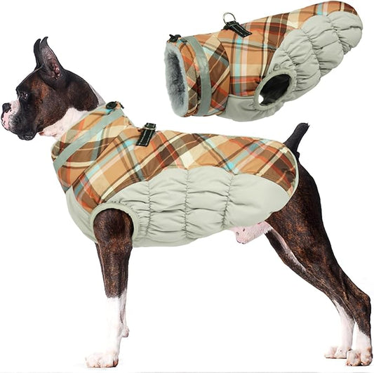 Lelepet Dog Coat Warm Dog Winter Coat Waterproof Dogs Jacket with Harness Built in Reflective Pet Fleece Vest Zip-Up Cold Weather Coats for Large Dogs Turtleneck & Windproof Coats Boxer Brown Plaid XL