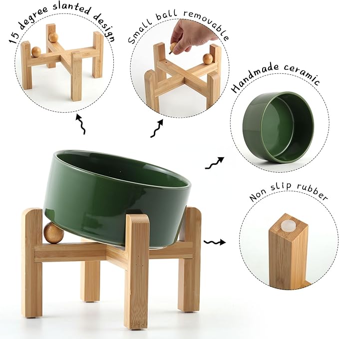 Petygooing Raised/Elevated 15°Slanted Ceramic Dog Bowl for Small Breeds,Tilted Anti Slip Pet Feeding Bowl,Food Water Dish with Stand for Cats and Small Dogs Puppy 13.5 OZ (5.1In / 1.7 Cups)Rust Green