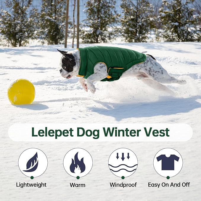 Lelepet Reversible Dog Coat Lightweight Warm Dog Jacket Padded Vest Windproof Cold Weather Coat Sonwsuit with Hook & Loop Coats for Large Dogs, Non-Shedding, Easy on/Off, French Bulldog, Green, L