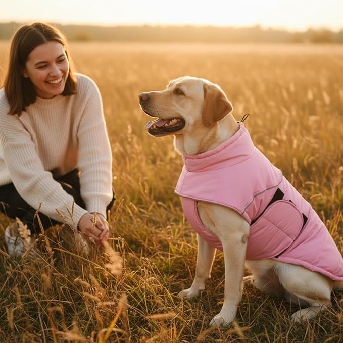 ASENKU Extra Warm Dog Coat - Fleece Reflective Puffer Jacket with Zippered Leash Hole for Large Dogs (Pink, XL)