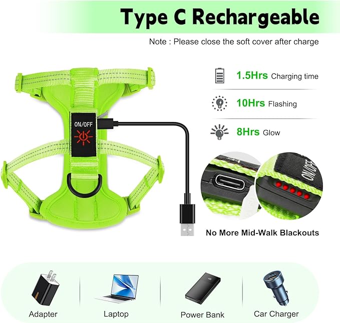 Rechargeable Light Up Dog Harness for Small Dogs – Adjustable LED Dog Vest with Reflective Strips, No Pull Glow in The Dark Puppy Harness for Night Walking Safety-Green