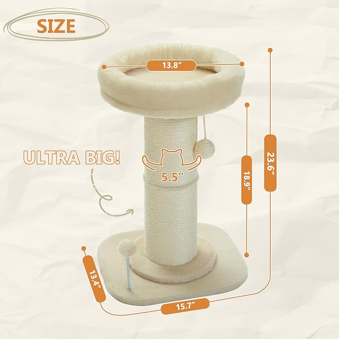 PEQULTI Cat Scratching Post, Tall Cat Scratcher for Indoor Cats with Super Thick Scratching Post [Dia=5.5''], Removable Fluffy Cat Bed, Scratch Post with Spring Ball, Beige