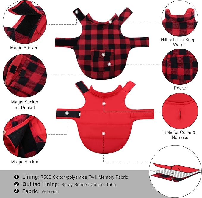 ASENKU Dog Winter Coat, Fleece Doggie Jacket Plaid Reversible Vest Waterproof Windproof Cold Weather Clothes for Small Medium Large Dogs(Red 2XL)