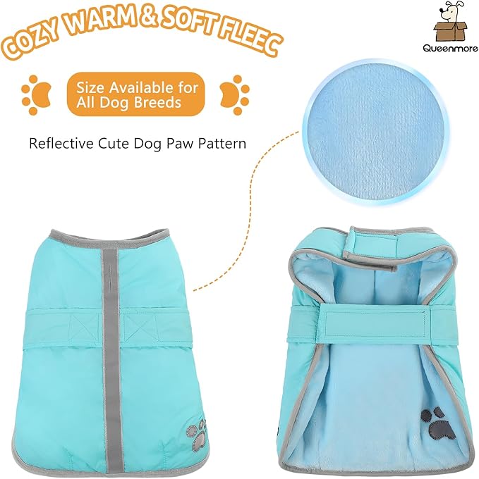 Queenmore Winter Coat, Fleece Puffer Down Vest, Cold Weather Pet Jacket, Waterproof Reflective Reversible Sweater Clothes for Small, Medium and Large Dogs (Light Blue, S)