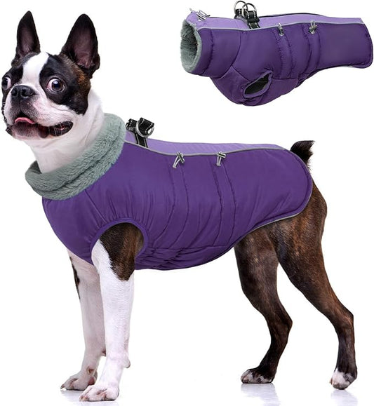 IDOMIK Warm Dog Coat with Harness Built-in, Thick Fleece Dog Winter Jacket with High Collar&Zipper, Waterproof Reflective Dogs Cold Weather Coats for Medium Dogs, Pet Snow Jacket Vest(Purple,M)