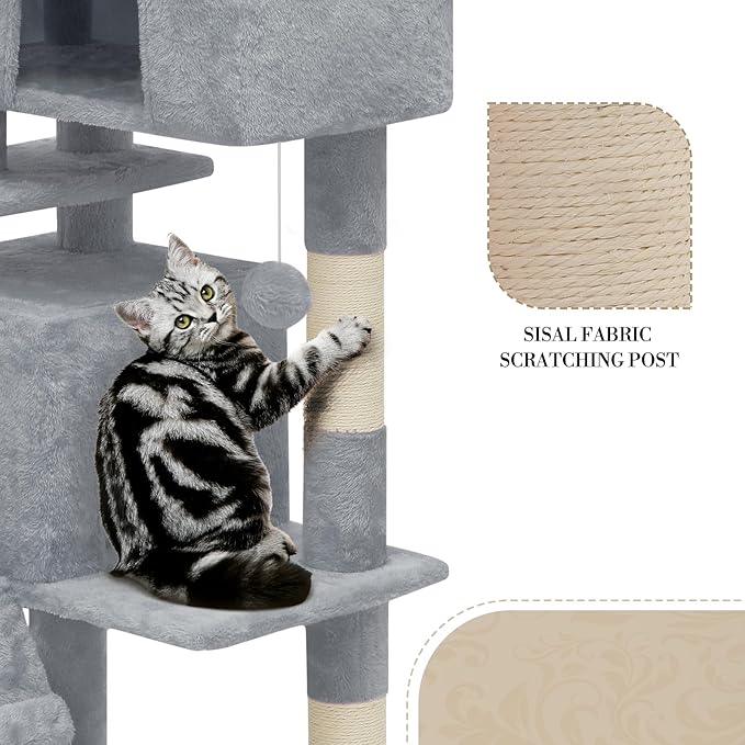 Athena Collection Modern Cat Tree Tower, 60 Inch Tall Cat Tree Climbing Tower with Scratching Post 2 Condo Multi-Level Activity Center and Playing Ball for Indoor Large Adult, Light Grey