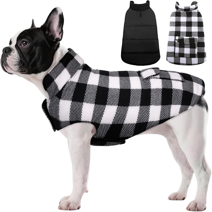 ASENKU Dog Winter Coat, Fleece Doggie Jacket Plaid Reversible Vest Waterproof Windproof Cold Weather Clothes for Small Medium Large Dogs (M, White)