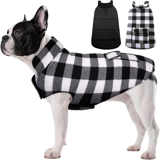 ASENKU Dog Winter Coat, Fleece Doggie Jacket Plaid Reversible Vest Waterproof Windproof Cold Weather Clothes for Small Medium Large Dogs (S, White)