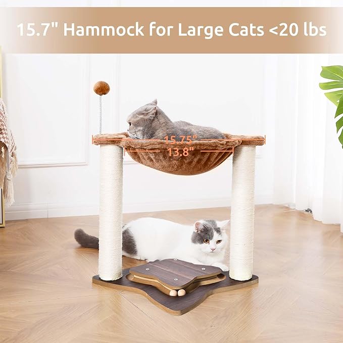 Simple Deluxe Small Cat Tree Tower with Scratching Post, 4-in -1Cat Tree with Hammock,Dangling Ball,Natural Sisal Cat Scratcher,Wooden Interactive Track Ball Base for Indoor Kittens,18inches