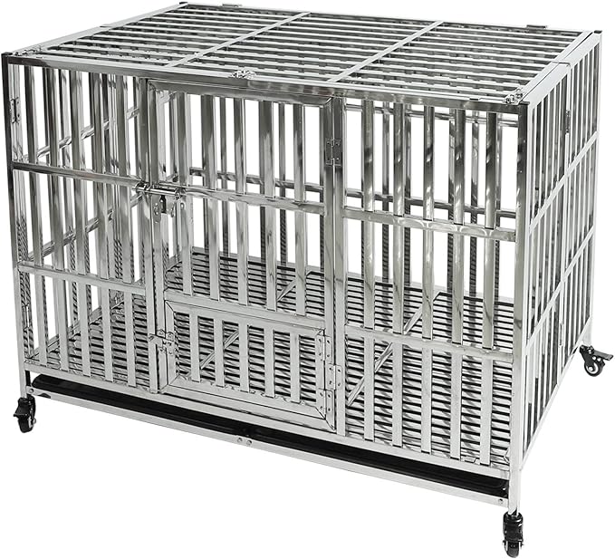 47" Stainless Steel Dog Crate Pet Kennel Foldable Dog Kennels Dog Cage Pet Playpen with Lockable Wheel, Tray for Medium and Large Dogs