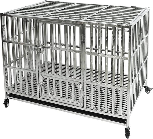 47" Stainless Steel Dog Crate Pet Kennel Foldable Dog Kennels Dog Cage Pet Playpen with Lockable Wheel, Tray for Medium and Large Dogs