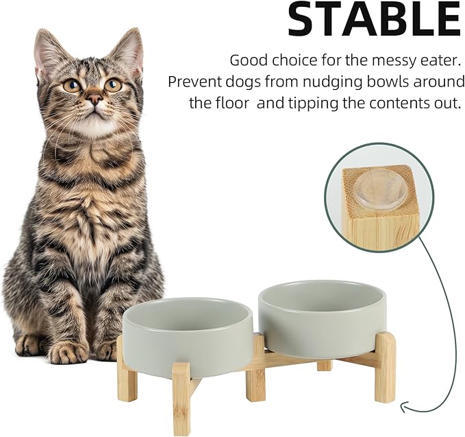 Ceramic Raised Double Bowls Set with Stand, 2 Heights Elevated, Food & Water Bowls for Small Breed Dogs, Cats, Kitty, Weighted Dog Dishes, Pet Bowls(5.1'',13.5oz, Grey)
